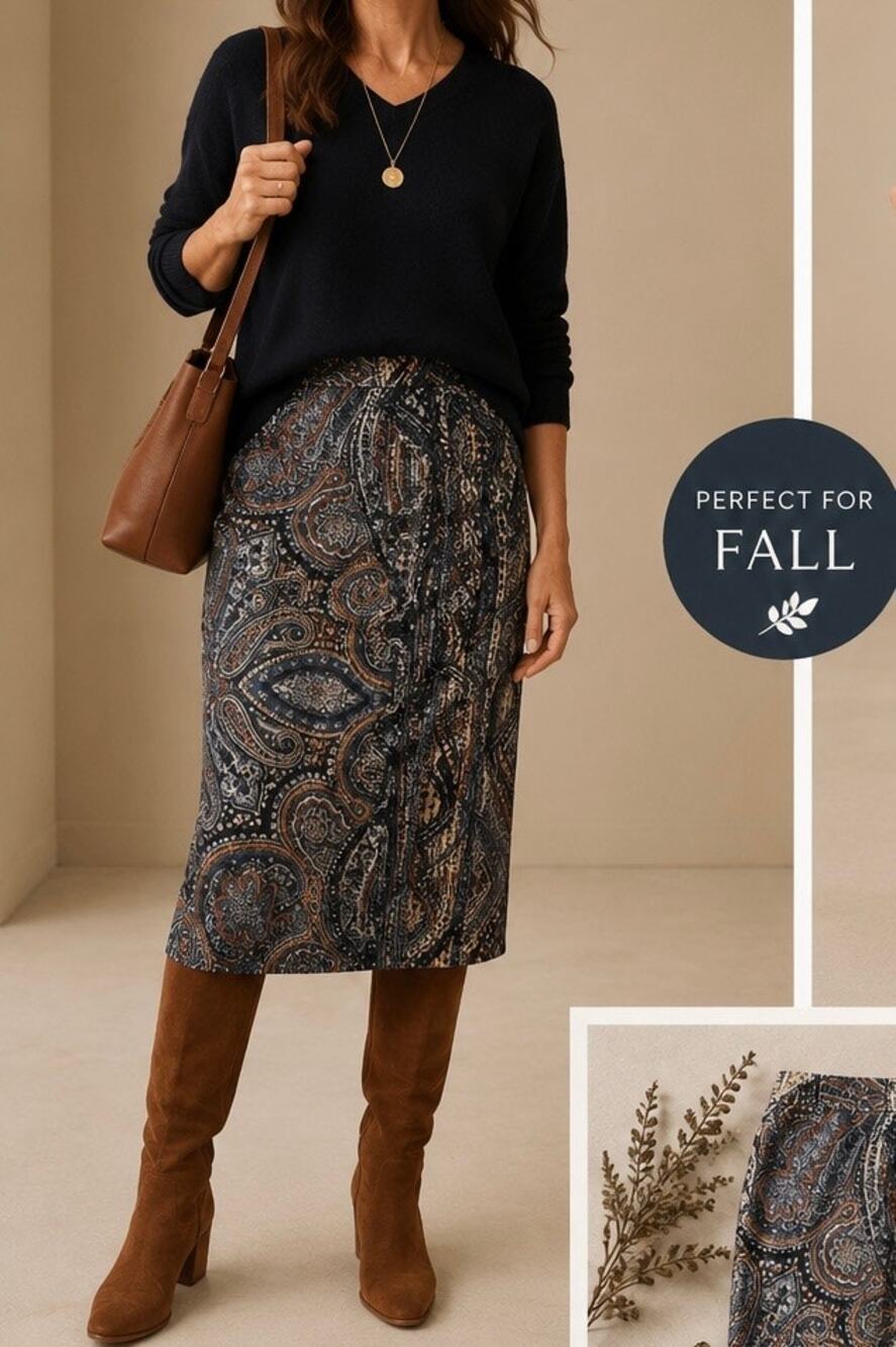 J. Jill Paisley Pencil Skirt Medium 20” Knee Length Boho Artsy Fall NWT
